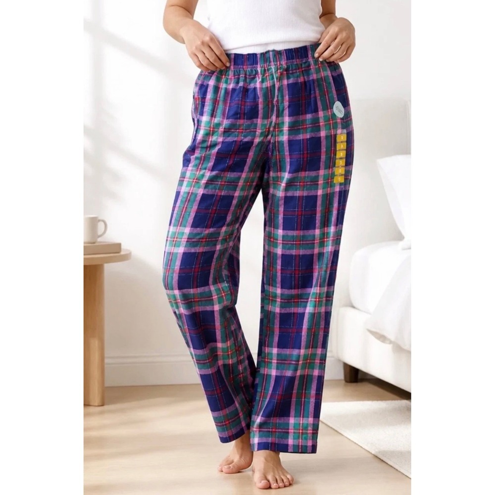 Roudelain Plaid Pajama Pants Purple Pink Gold Lurex Sleep Bottoms M NEW 2702